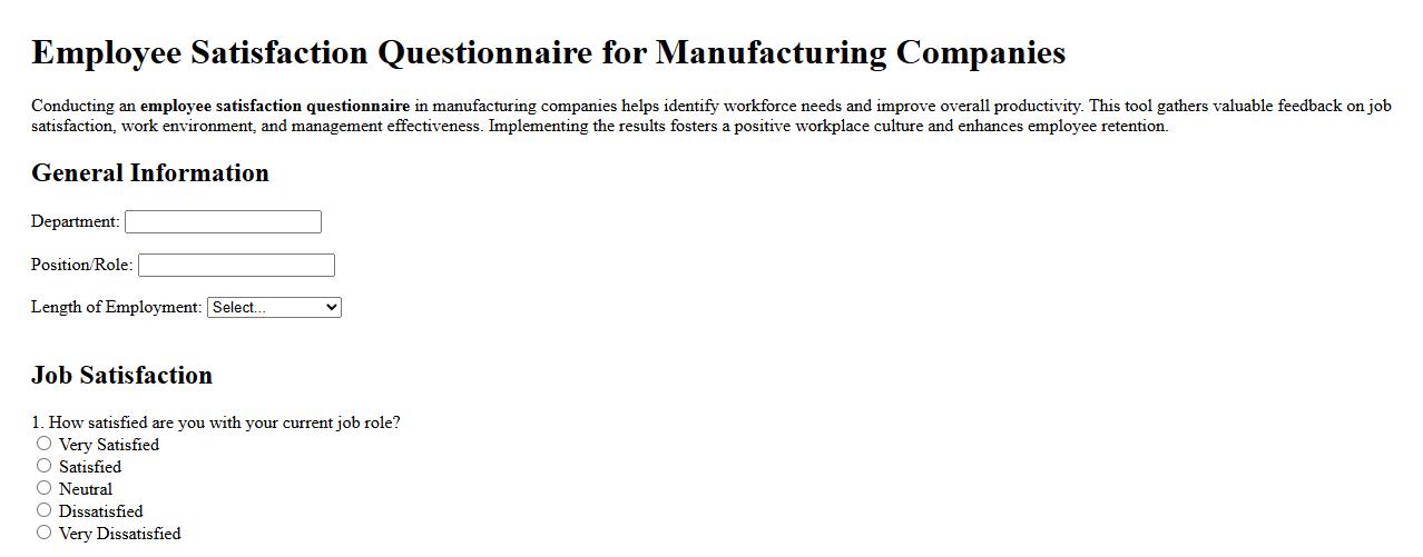Employee satisfaction questionnaire for manufacturing companies image preview