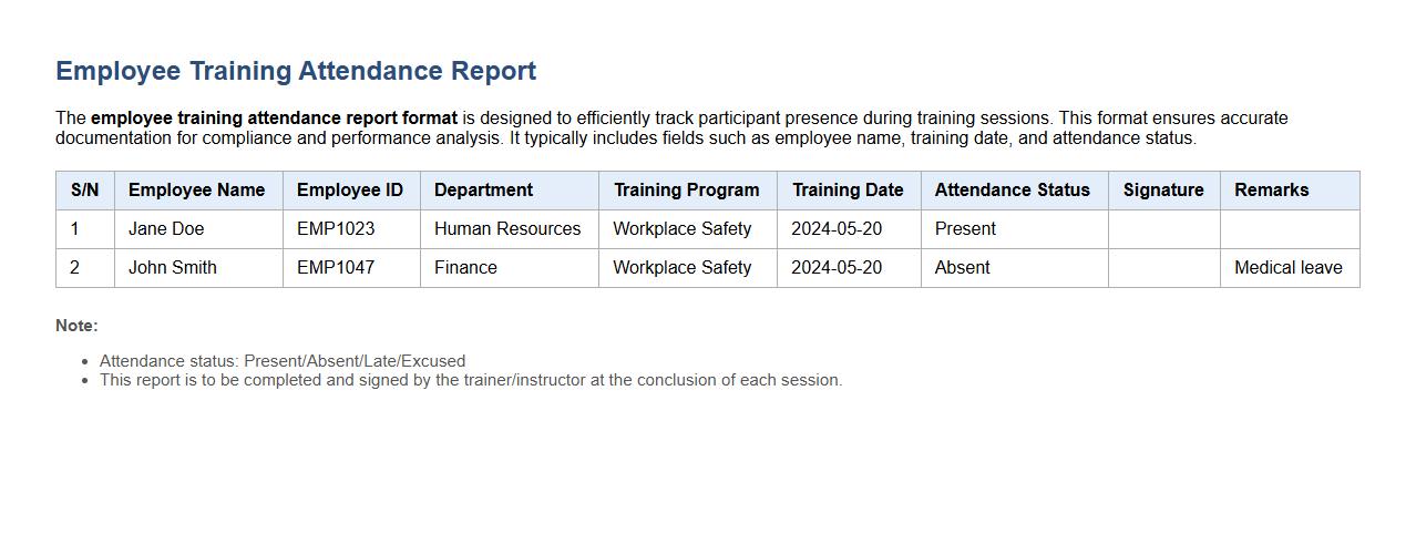 employee training attendance report format image preview