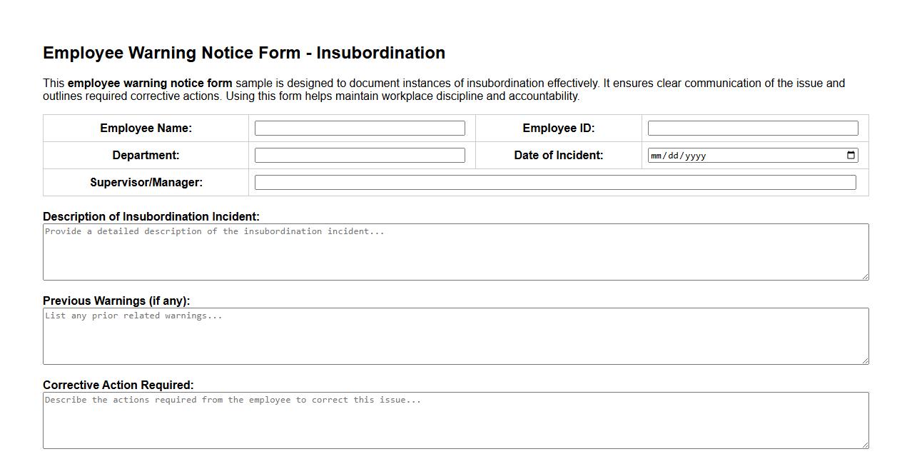 Employee warning notice form sample for insubordination image preview
