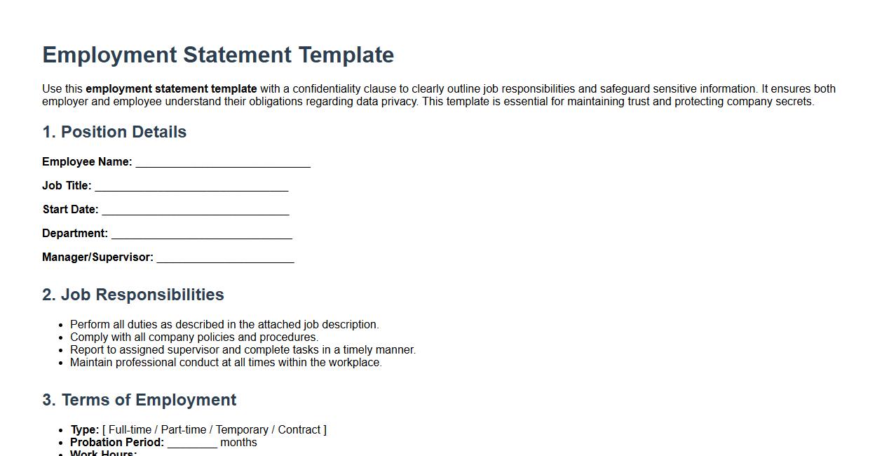 Employment statement template with confidentiality clause image preview