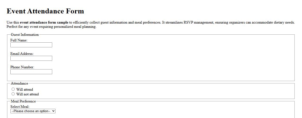 event attendance form sample with meal preference image preview