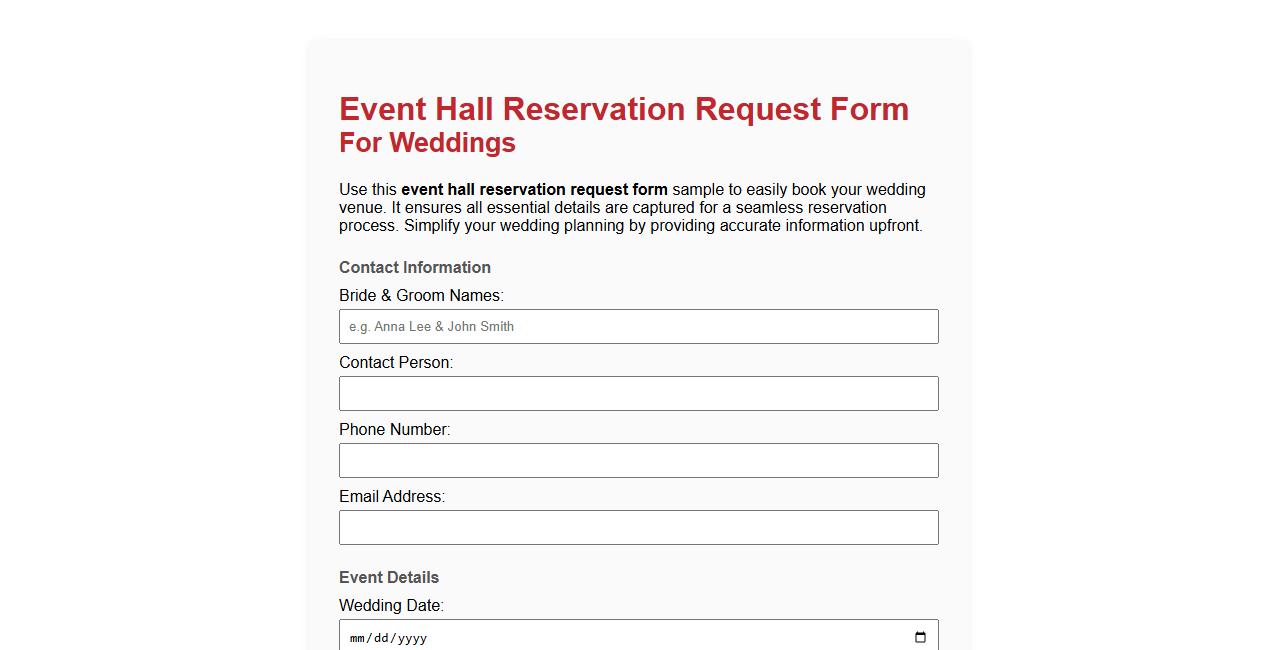event hall reservation request form sample for weddings image preview