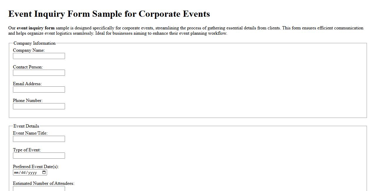 Event inquiry form sample for corporate events image preview