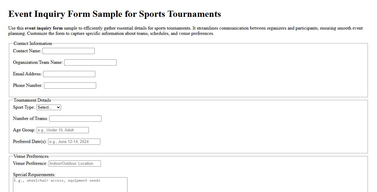 Event inquiry form sample for sports tournaments image preview