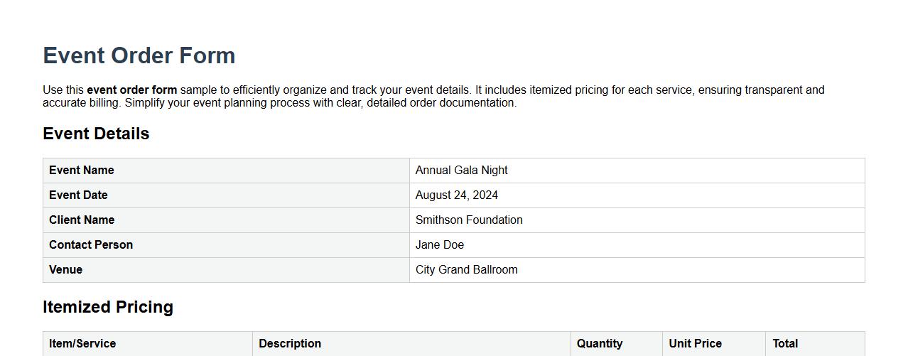 event order form sample with itemized pricing image preview