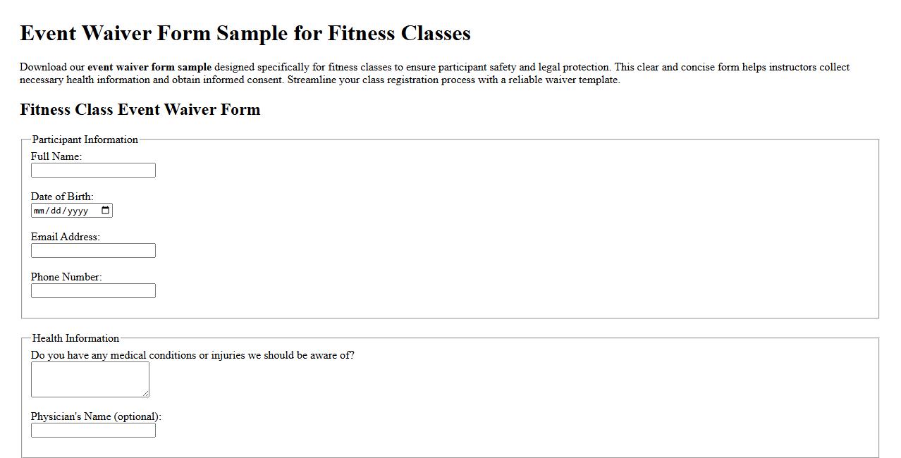 Event waiver form sample for fitness classes image preview