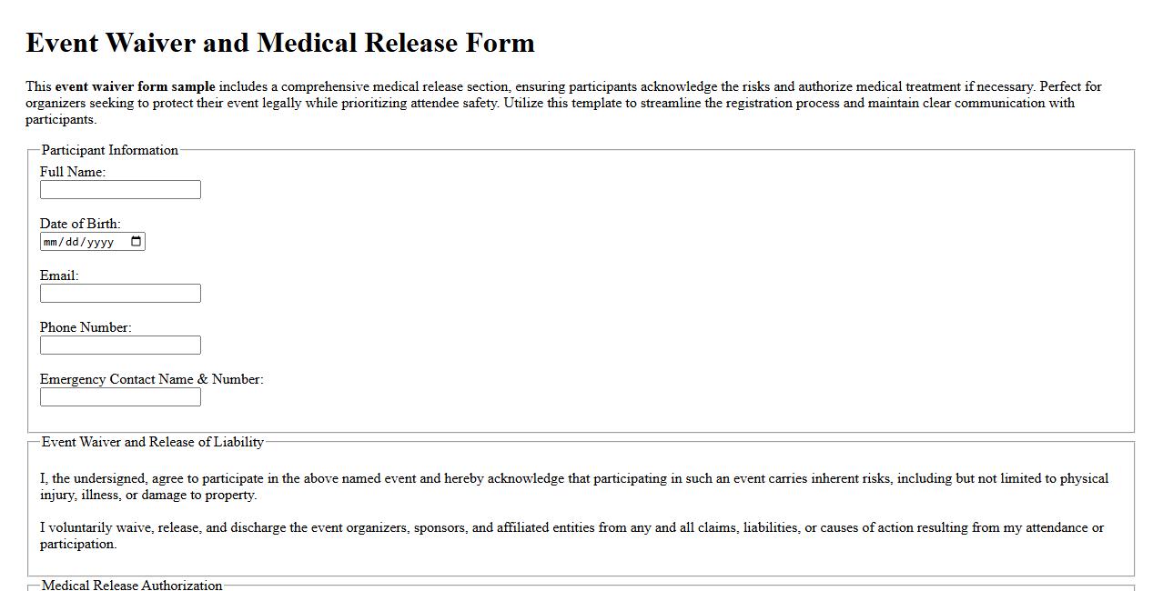 Event waiver form sample including medical release image preview