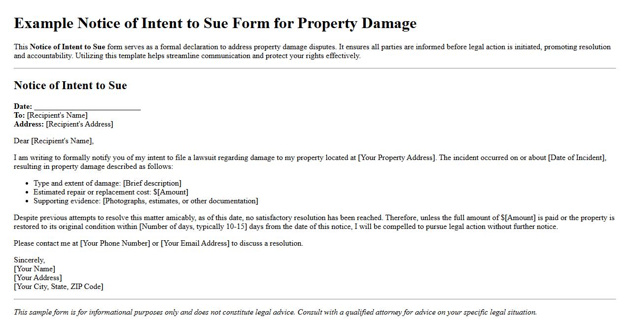 Example Notice of Intent to Sue form for property damage image preview