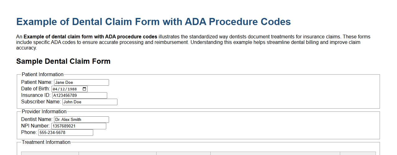 Example of dental claim form with ADA procedure codes image preview