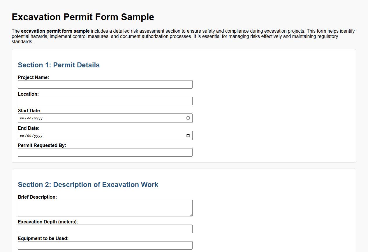 excavation permit form sample with risk assessment section image preview