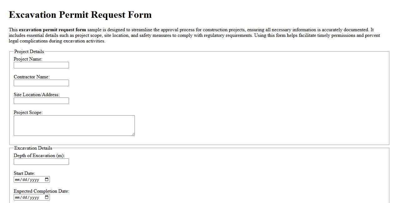 Excavation permit request form sample for construction projects image preview