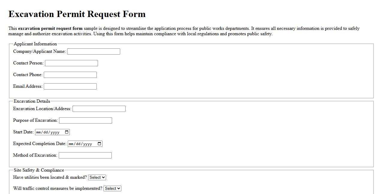 Excavation permit request form sample for public works department image preview