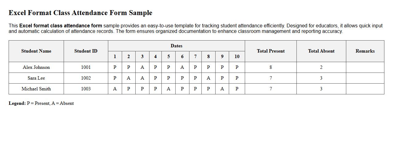 Excel format class attendance form sample image preview