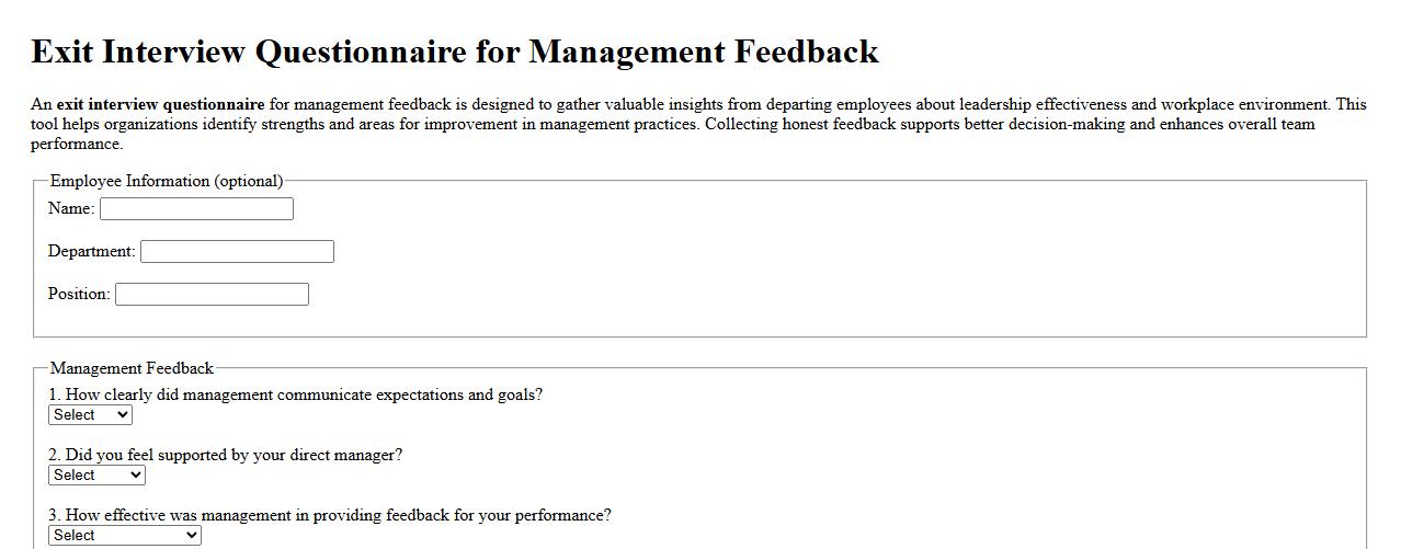 Exit interview questionnaire for management feedback image preview
