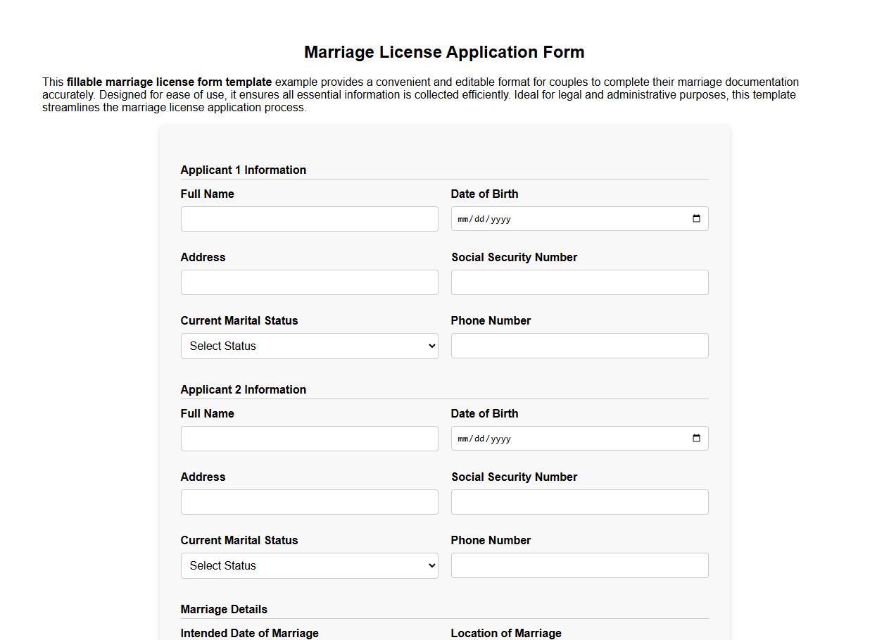 Fillable marriage license form template example image preview