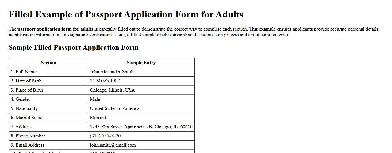 Filled example of passport application form for adults image preview