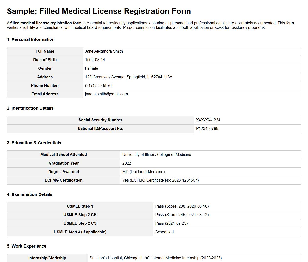 filled medical license registration form for residency application image preview