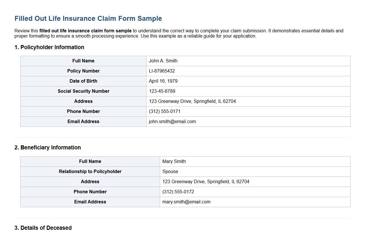 Filled out life insurance claim form sample image preview