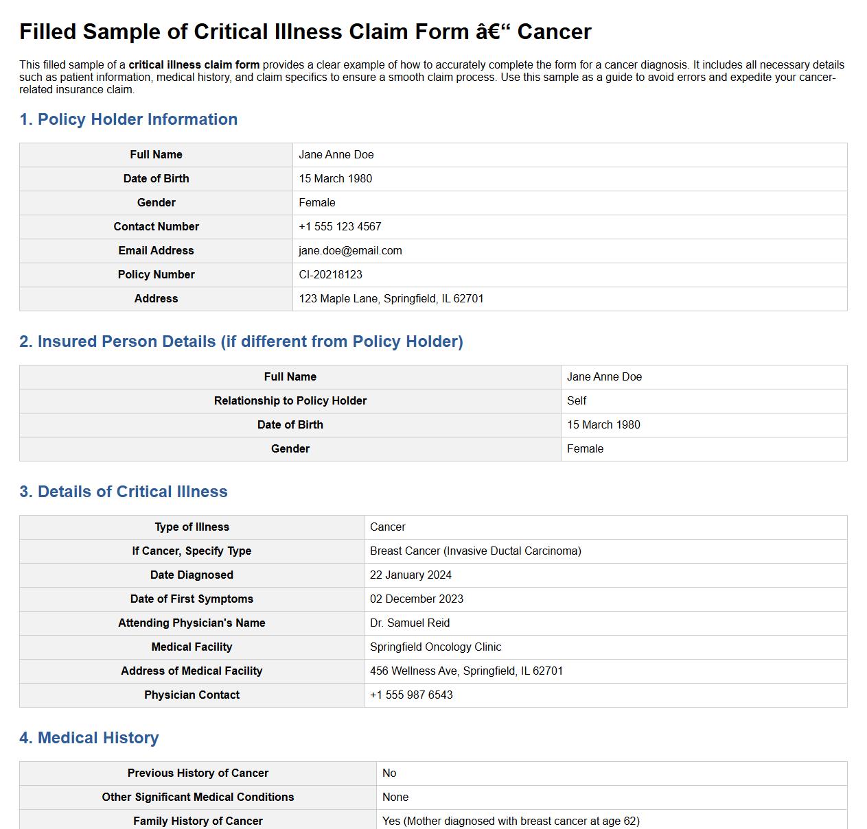 filled sample of critical illness claim form for cancer image preview