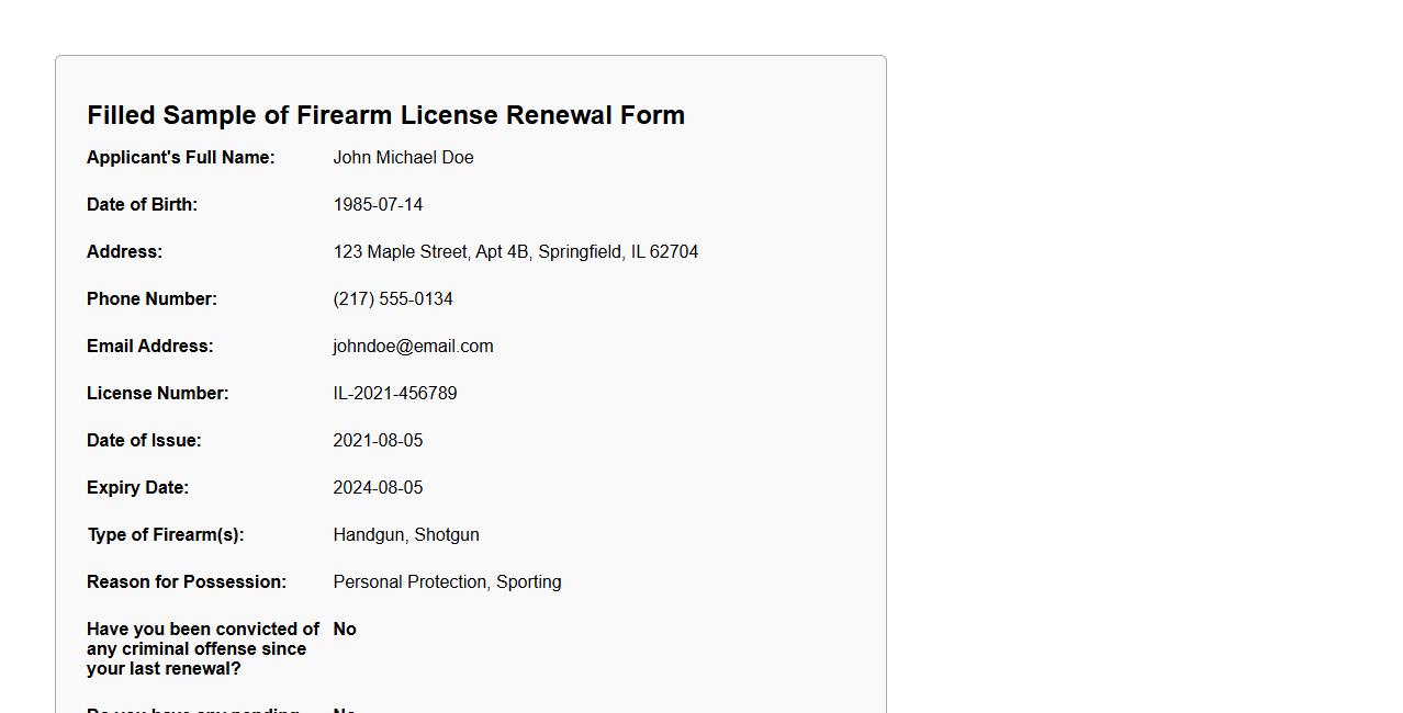 Filled sample of firearm license renewal form image preview