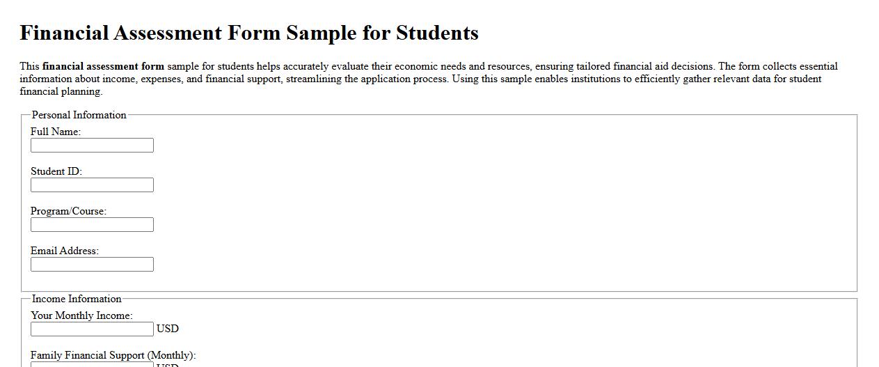 Financial assessment form sample for students image preview