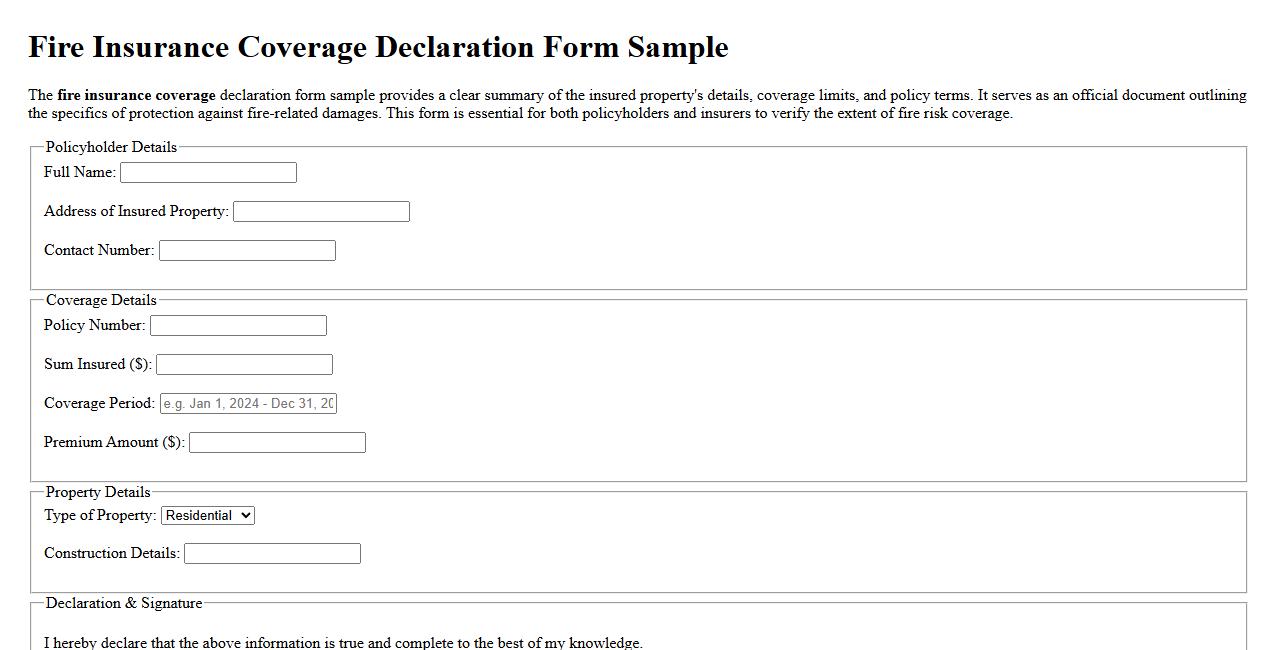 Fire insurance coverage declaration form sample image preview