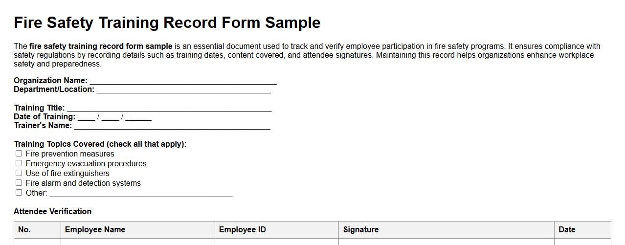 fire safety training record form sample image preview