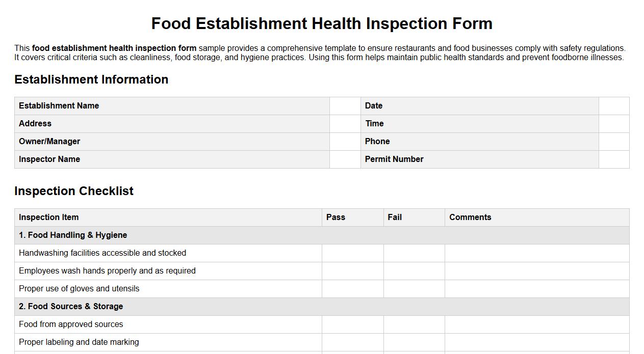 Food establishment health inspection form sample image preview