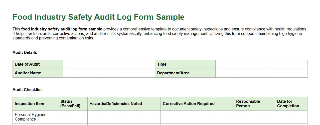 food industry safety audit log form sample image preview