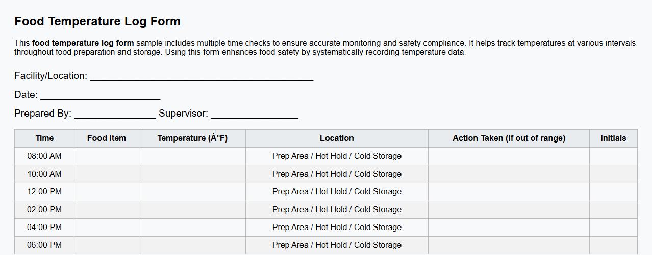 food temperature log form sample with multiple time checks image preview