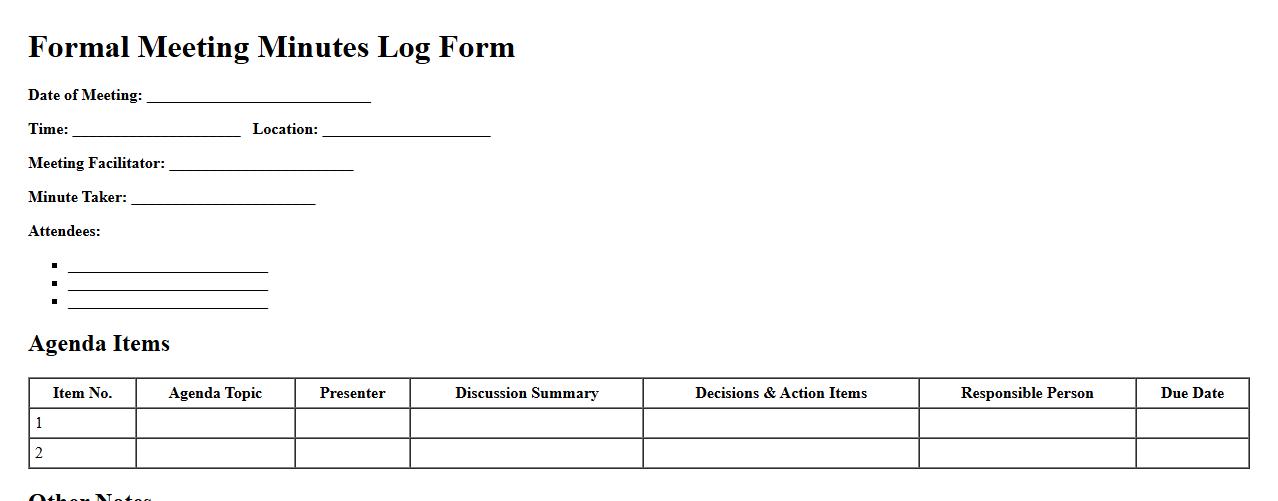 Formal meeting minutes log form sample in Word format image preview