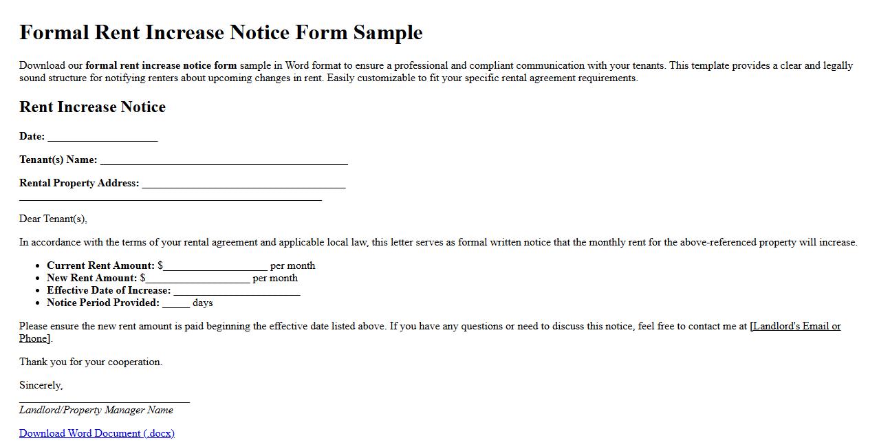formal rent increase notice form sample word document image preview