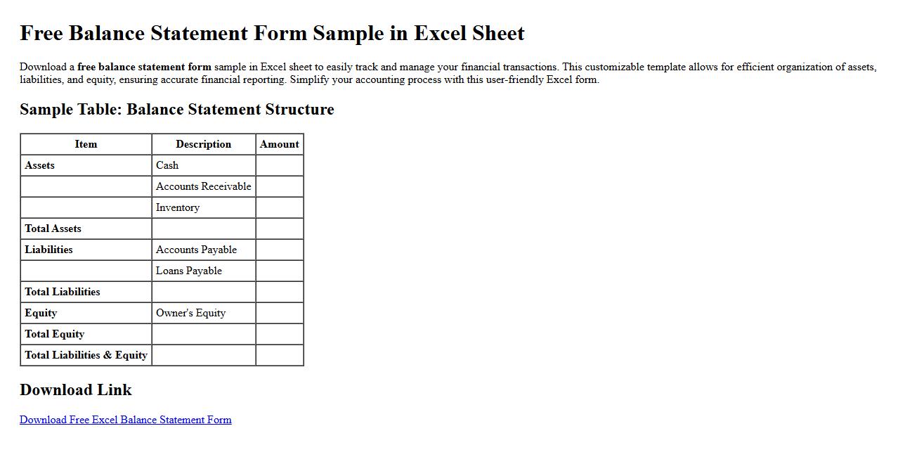 Free balance statement form sample in excel sheet image preview