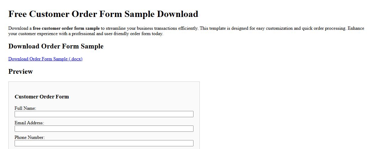 Free customer order form sample download image preview