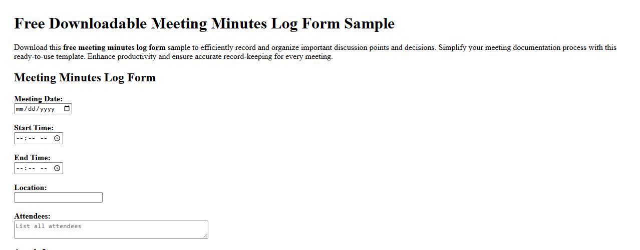 Free downloadable meeting minutes log form sample image preview