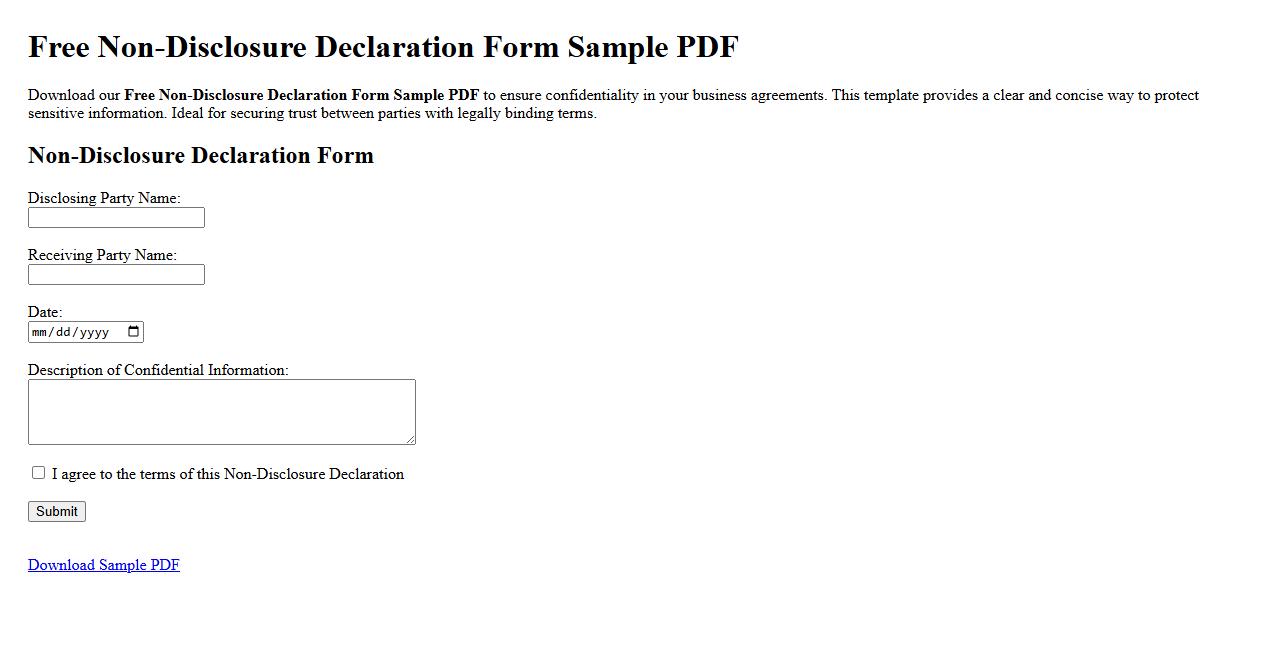 Free Non-Disclosure Declaration Form Sample PDF image preview