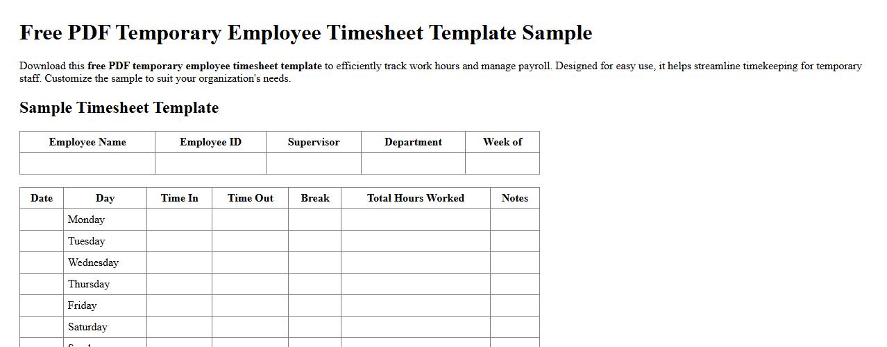 free PDF temporary employee timesheet template sample image preview