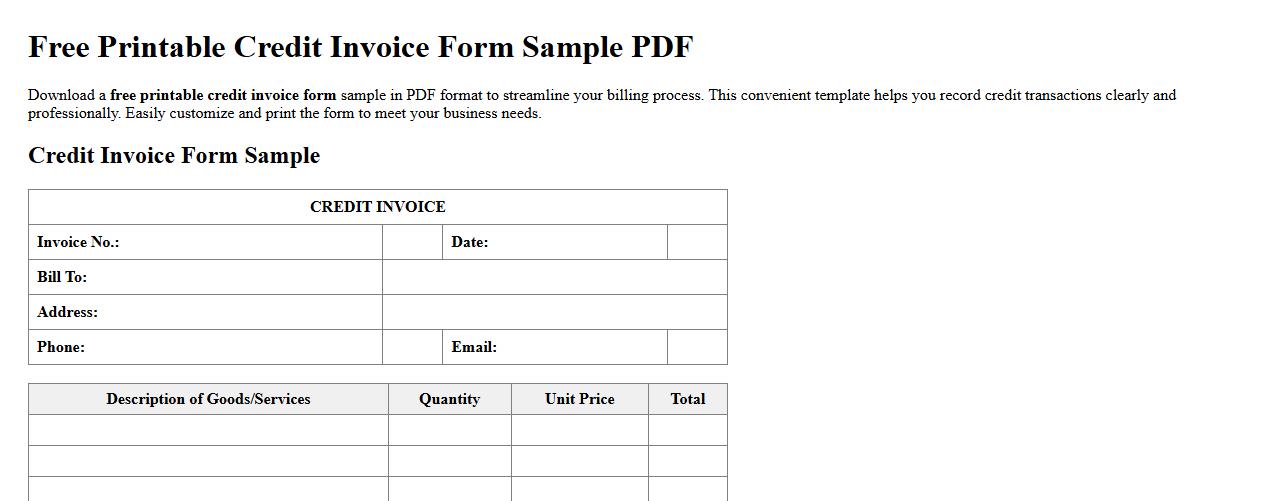 free printable credit invoice form sample PDF image preview