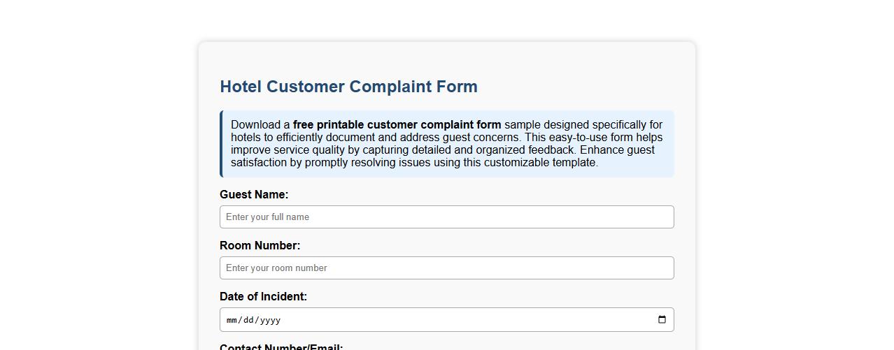 free printable customer complaint form sample for hotels image preview