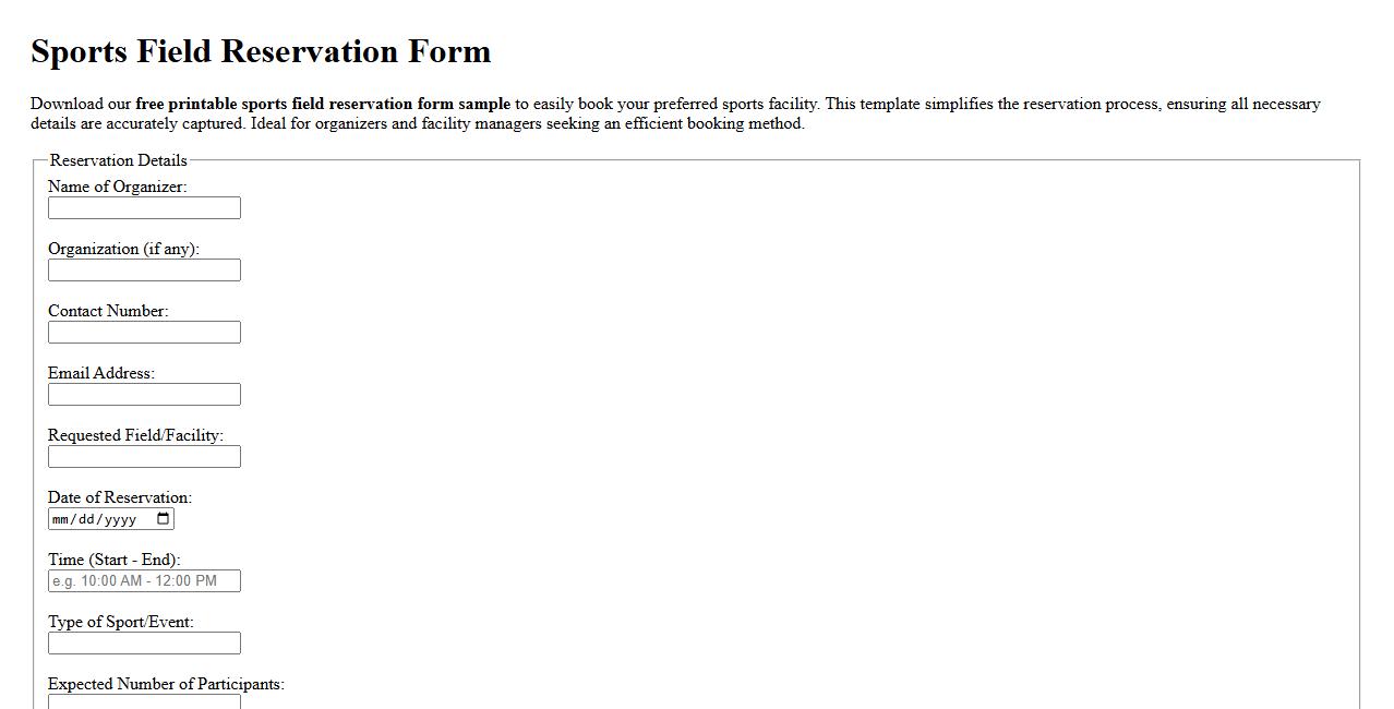 free printable sports field reservation form sample image preview