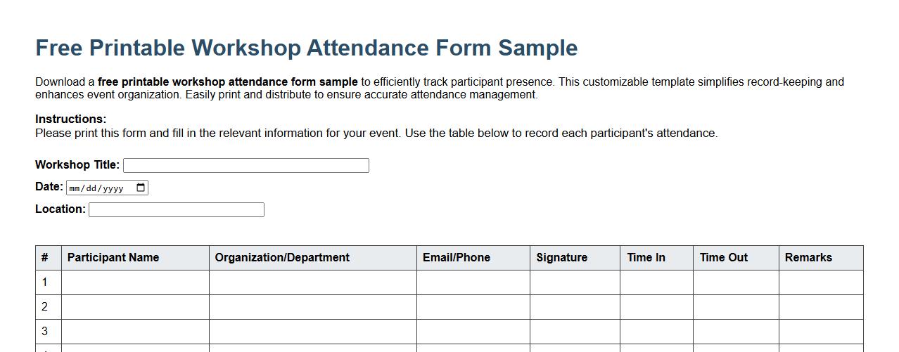 free printable workshop attendance form sample image preview