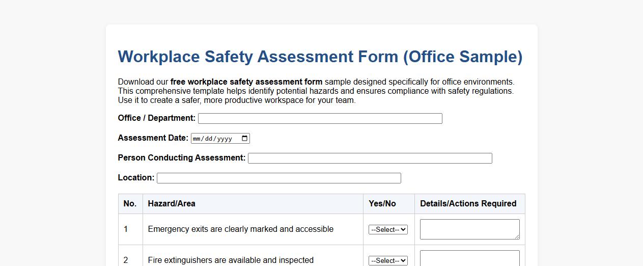free workplace safety assessment form sample for offices image preview