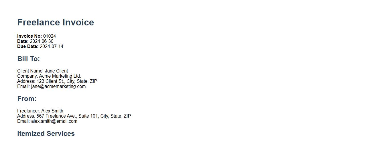 Freelance invoice example with itemized services image preview