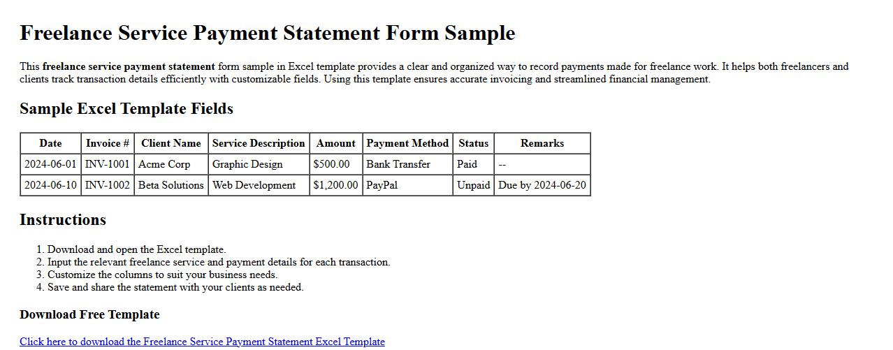 freelance service payment statement form sample excel template image preview