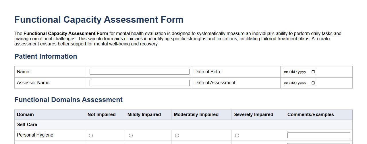 Functional capacity assessment form sample for mental health evaluation image preview