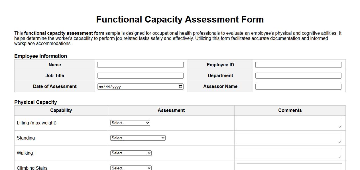 Functional capacity assessment form sample for occupational health image preview