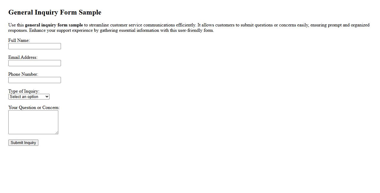 general inquiry form sample for customer service image preview