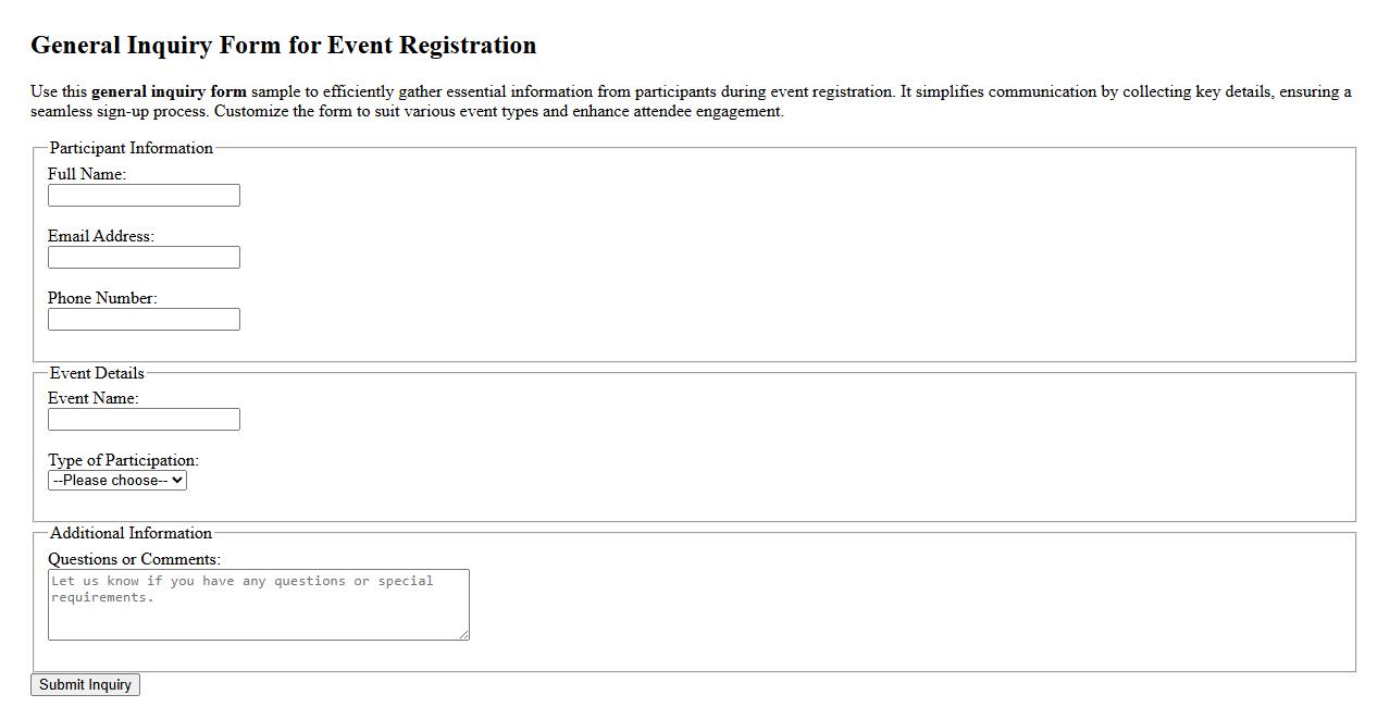 general inquiry form sample for event registration image preview