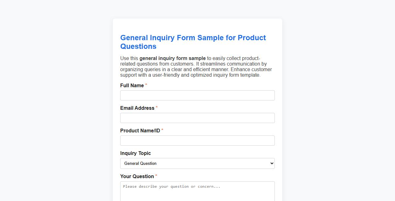 general inquiry form sample for product questions image preview