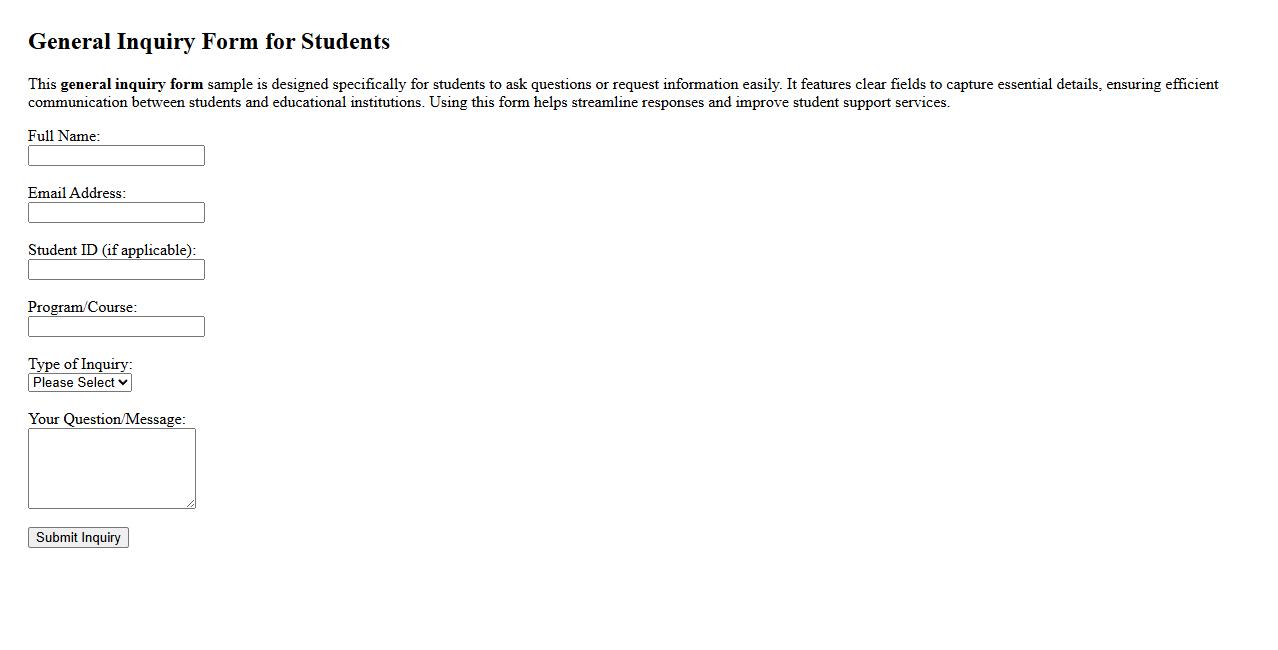 general inquiry form sample for students image preview
